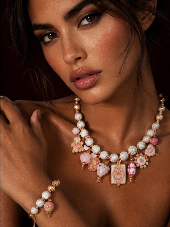 Anthropologie Jewelry - Gold-tone Pink & White Charm Necklace and Bracelet Set